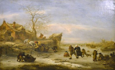 Frozen Canal with Skating Couple by Isaac van Ostade